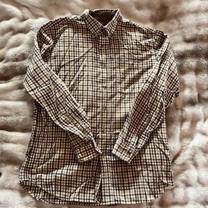 LL Bean Shirt Mens Med Brown Beige Plaid Long Sleeve Button Up Corduroy Collar